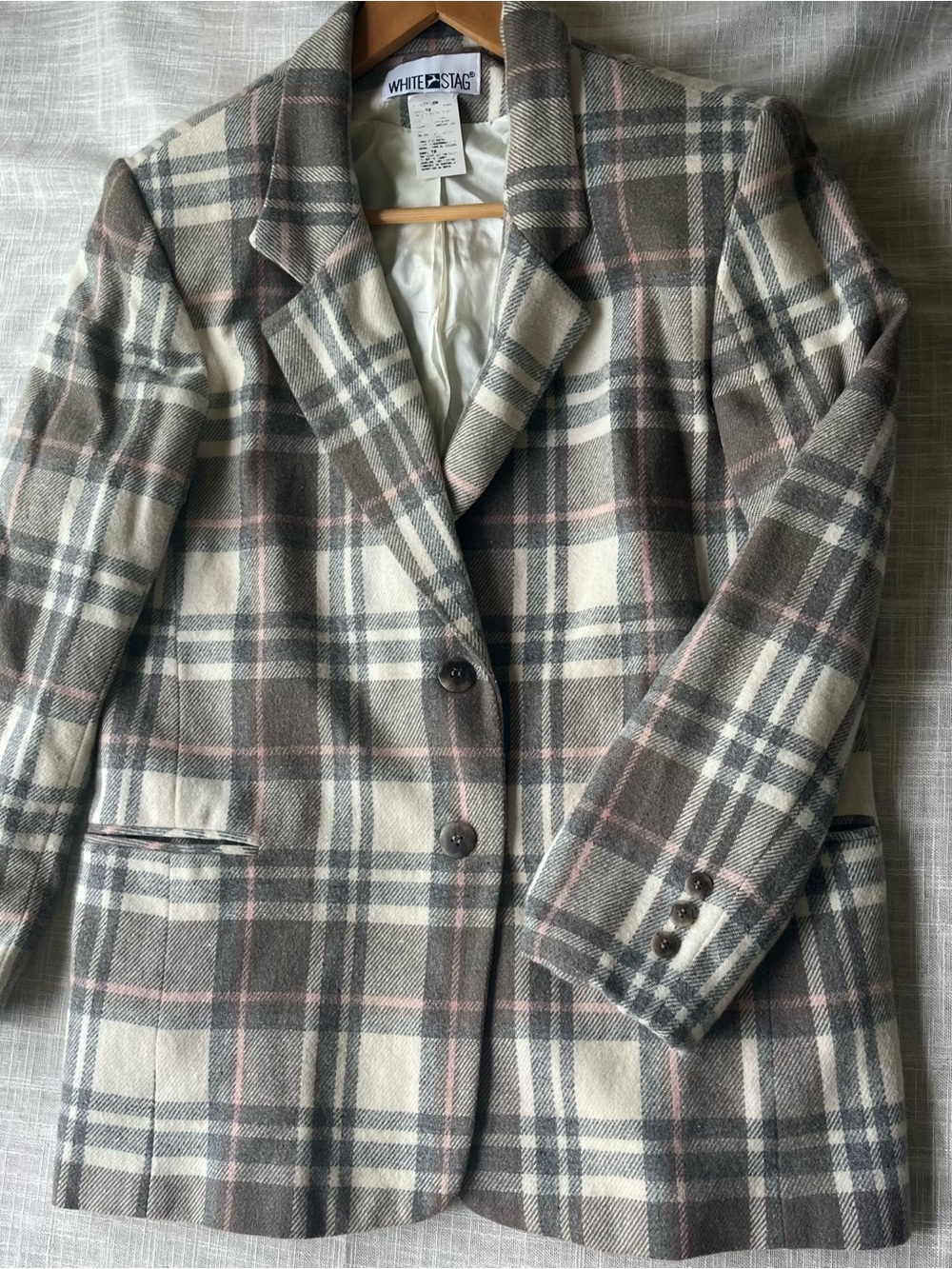 Plaid Wool Blazer- Pink, Grey & Cream - Vtg White Stag